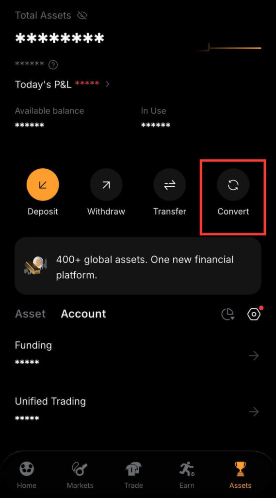 Bybit Assets page showing the Convert option used to swap one cryptocurrency for another