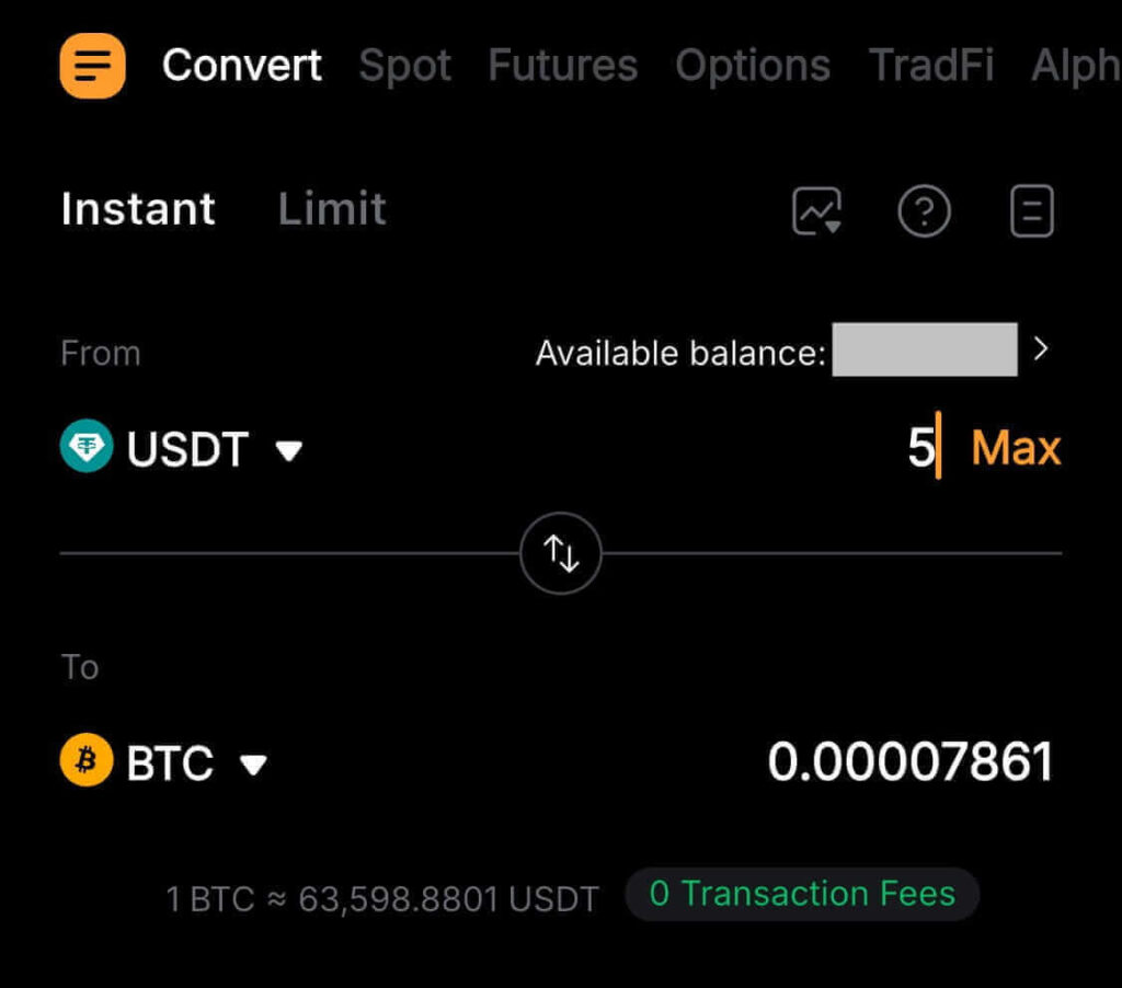 Entering USDT amount in Bybit Convert interface to see estimated Bitcoin value before confirming swap