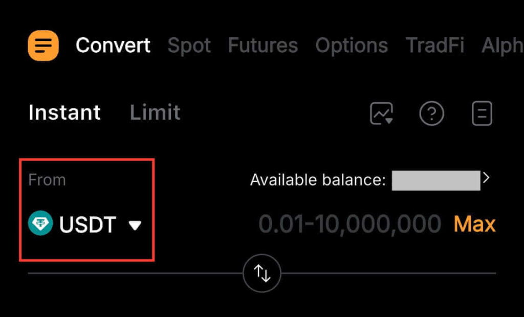 Bybit Convert interface showing USDT selected in the From field before swapping cryptocurrency