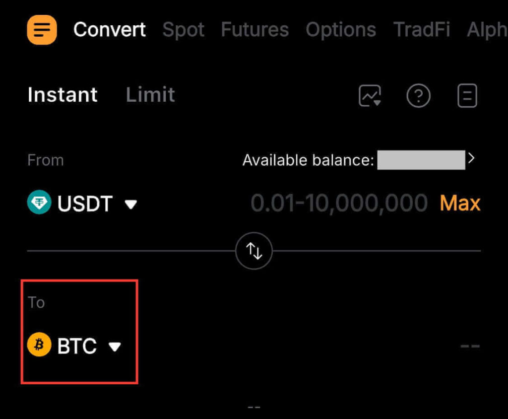 BTC in the To field on Bybit Convert to receive Bitcoin after swapping USDT