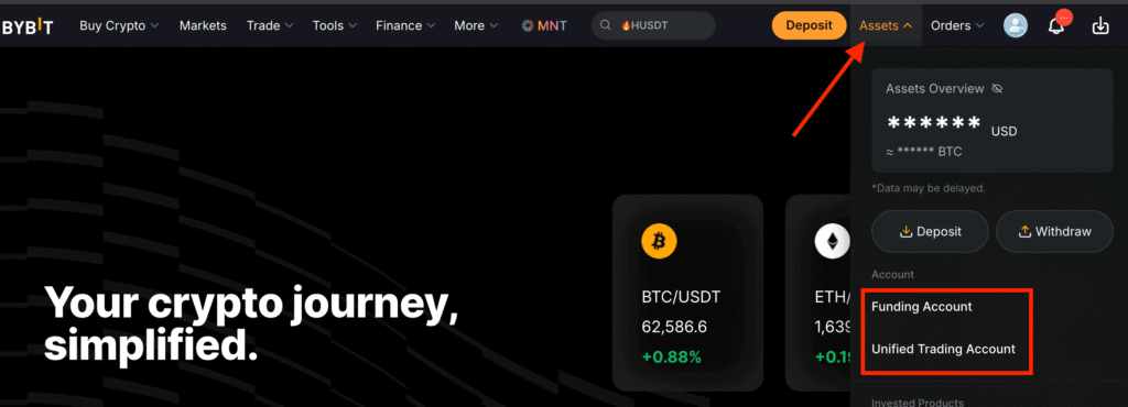 Bybit website Assets dropdown menu showing Funding Account and Unified Trading Account