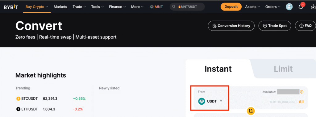 Bybit website Crypto Converter page showing USDT selected in the From field