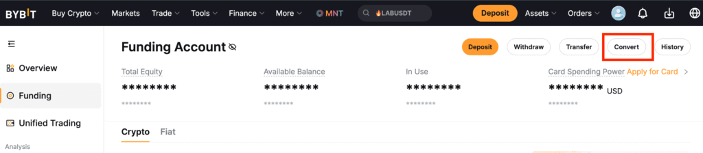 Bybit website Funding Account interface showing the Convert button