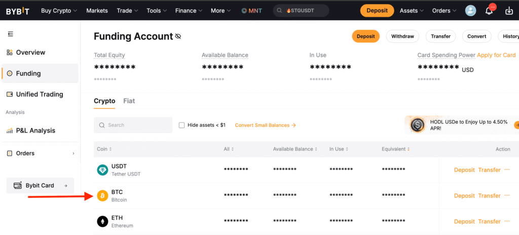 Bybit website Funding Account interface showing updated Bitcoin balances after converting USDT to BTC