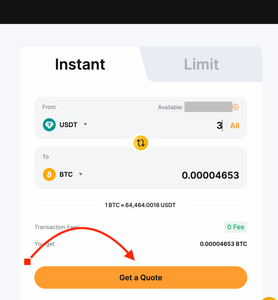 Bybit website USDT to BTC Converter interface showing Get a Quote button used to finalize the USDT to BTC conversion