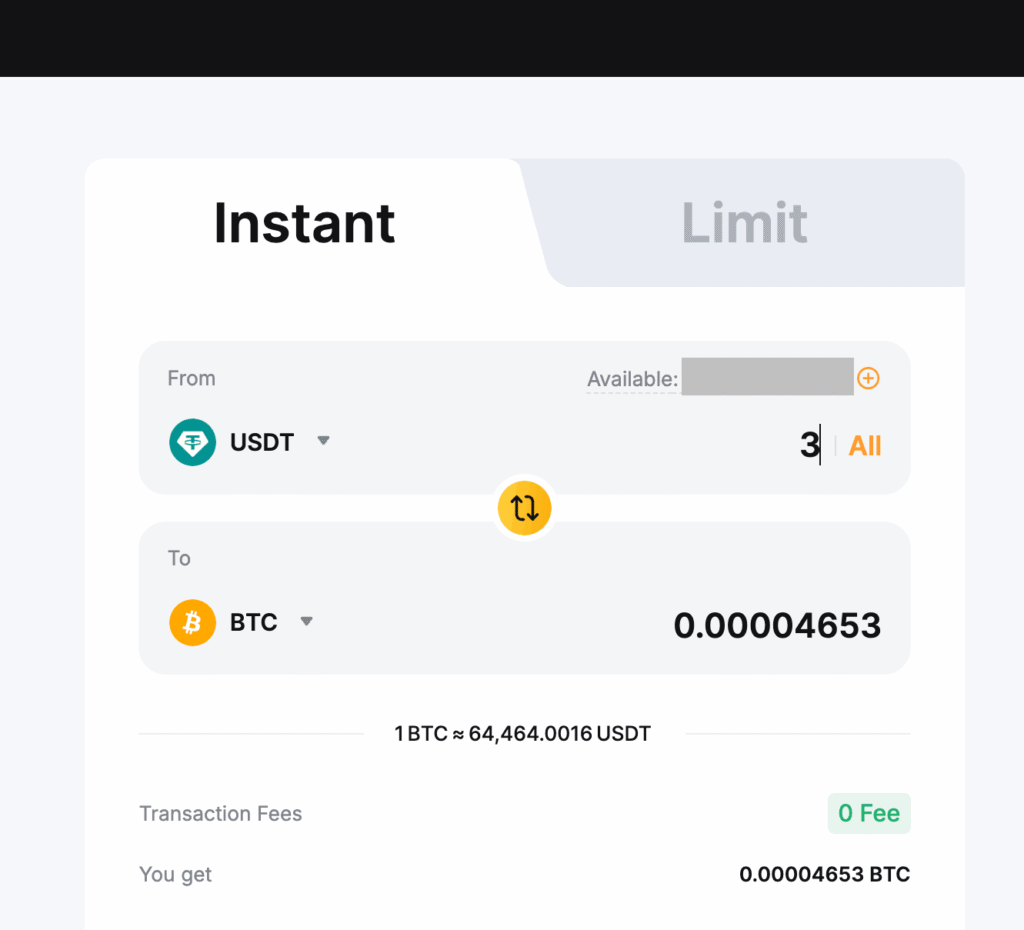 Bybit website USDT to BTC Converter interface showing the amount input field
