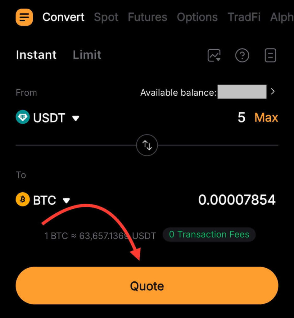 Bybit Convert interface showing the Quote button used to finalize USDT to Bitcoin conversion