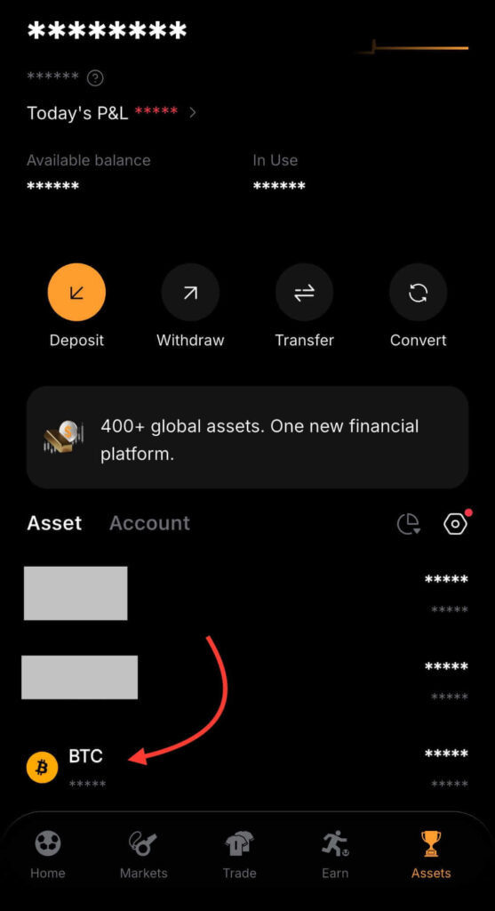 Bybit Assets wallet showing the updated Bitcoin balance after completing a USDT to BTC conversion