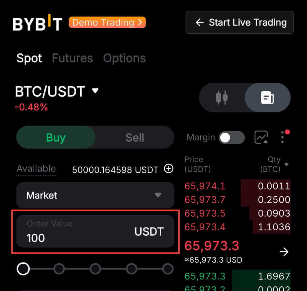 Bybit Demo Trading order panel showing where to enter the trade amount using the input field or slider