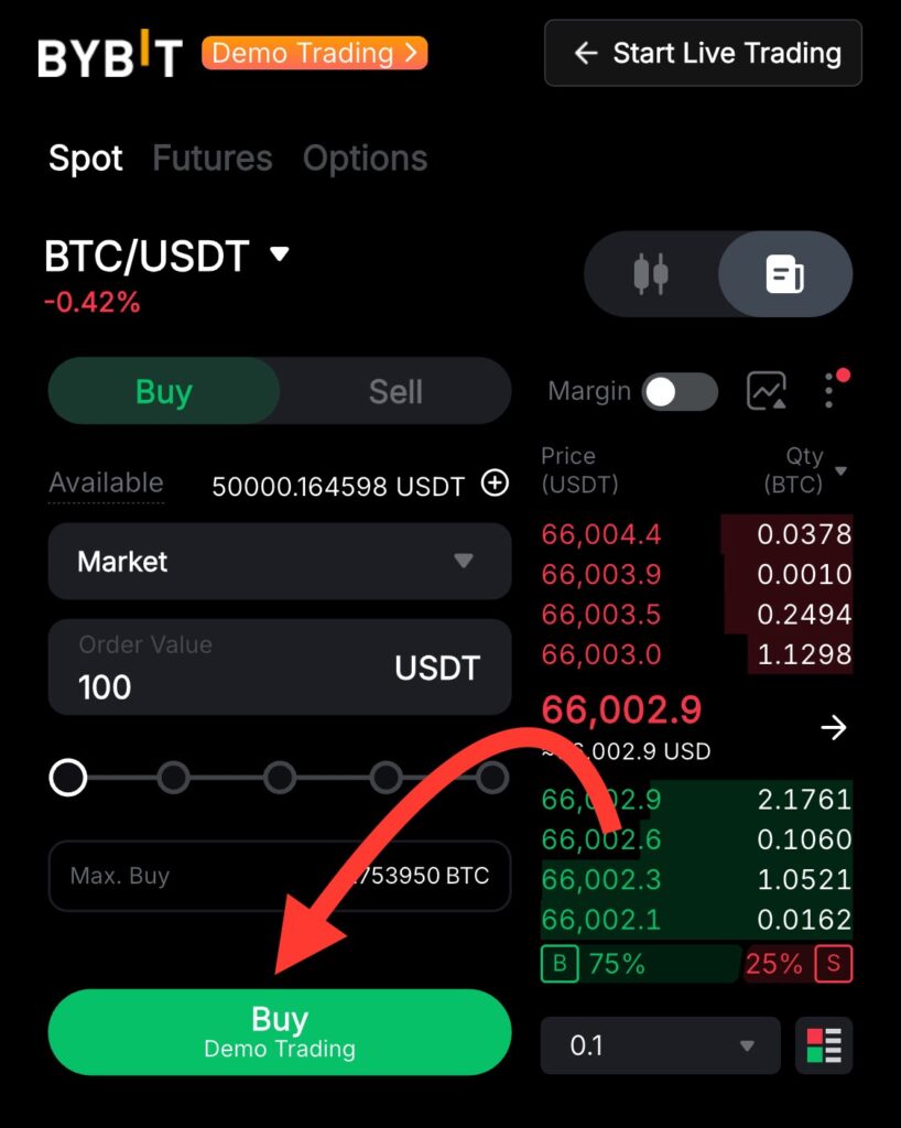 Bybit Demo Trading order panel showing Buy button to place a demo trade