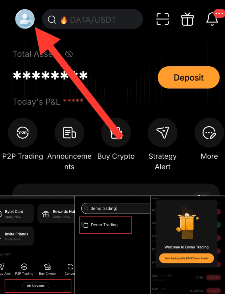 Bybit account menu showing the Profile icon, All Services, and the Demo Trading option used to switch to demo trading account
